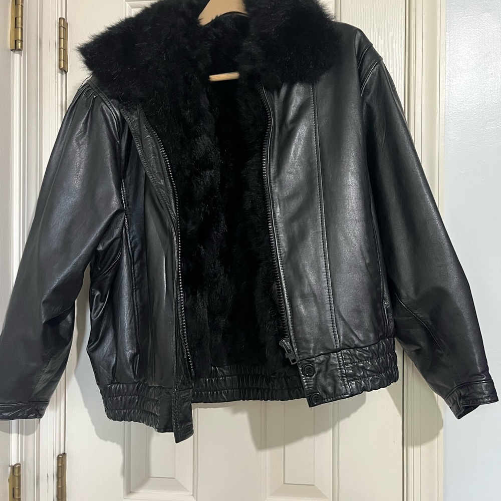Black Leather Jacket with Faux Fur Collar